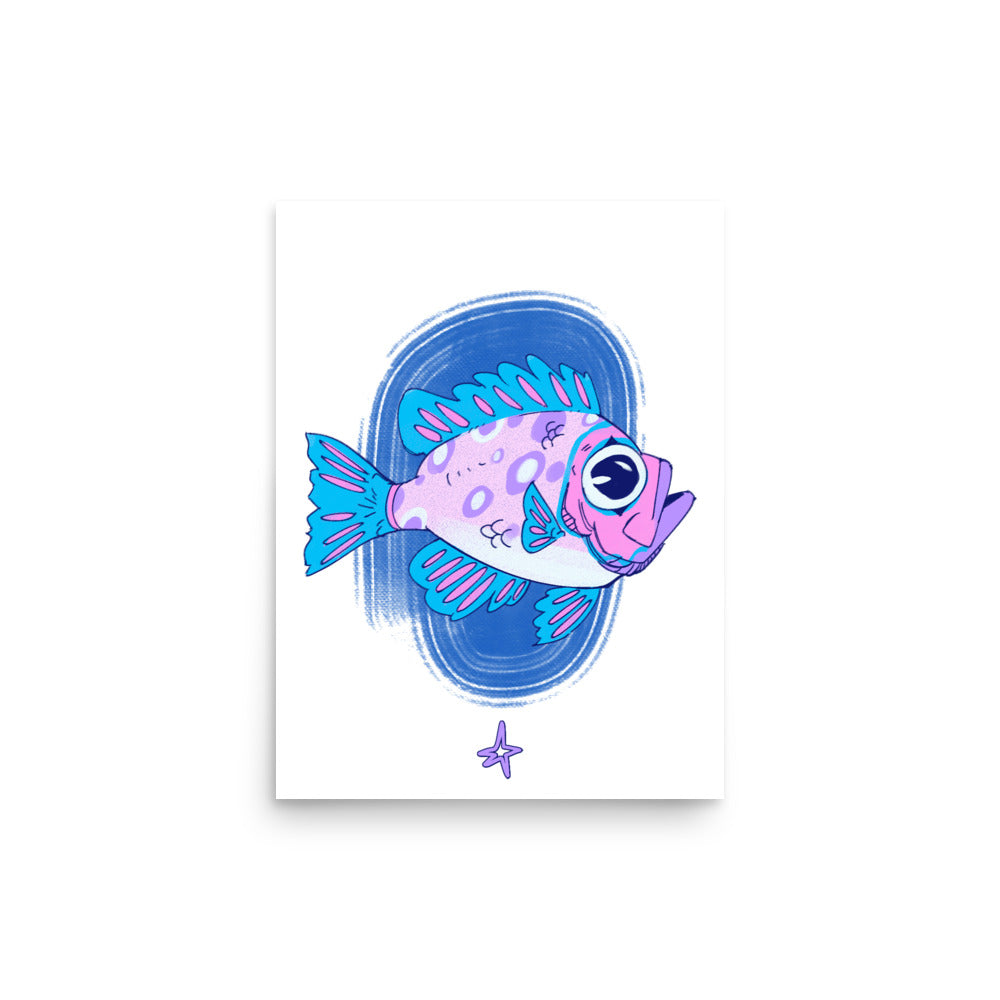 Framed artwork of a colorful fish on a wall above a wooden cabinet.