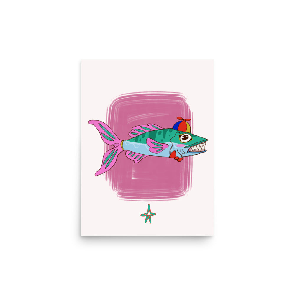 Framed artwork of a colorful fish on a wall above a wooden cabinet.