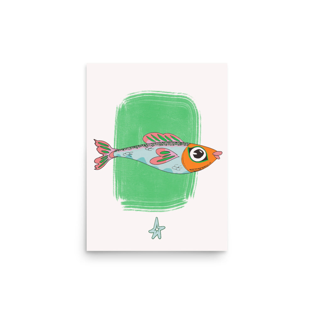 Framed artwork of a colorful fish on a wall above a wooden cabinet.