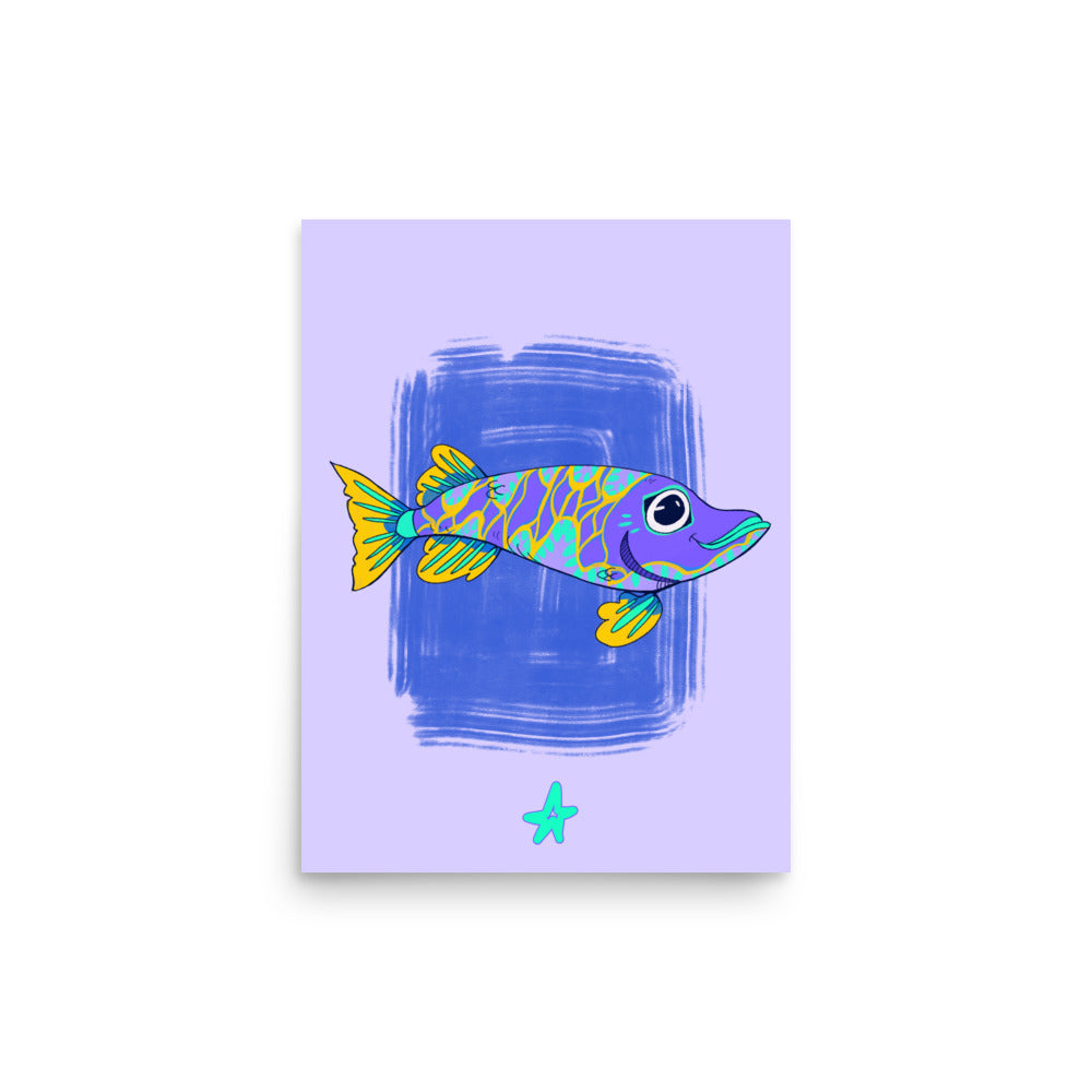 Framed artwork of a colorful fish on a wall above a wooden cabinet.