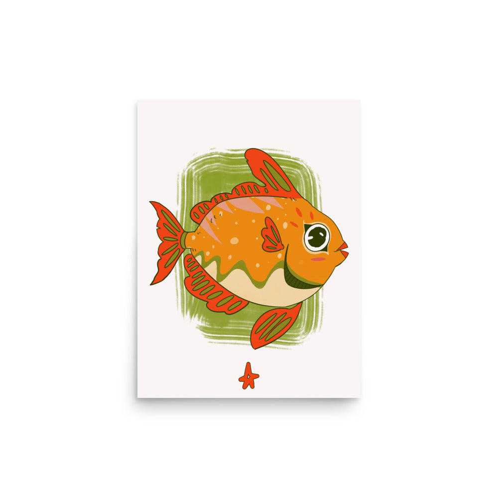 Framed illustration of a goldfish on a wall above a wooden cabinet with a plant and sculpture.