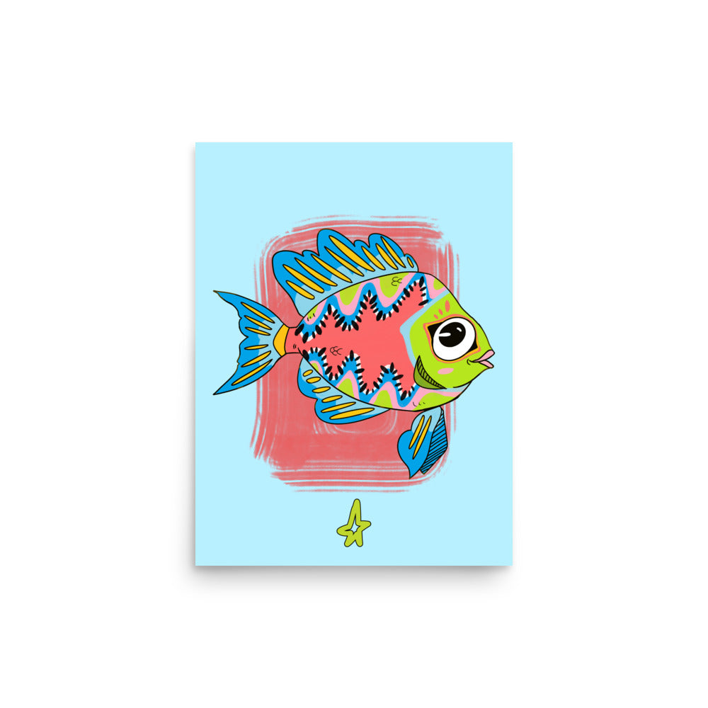 Framed artwork of a colorful fish on a wall above a wooden cabinet.