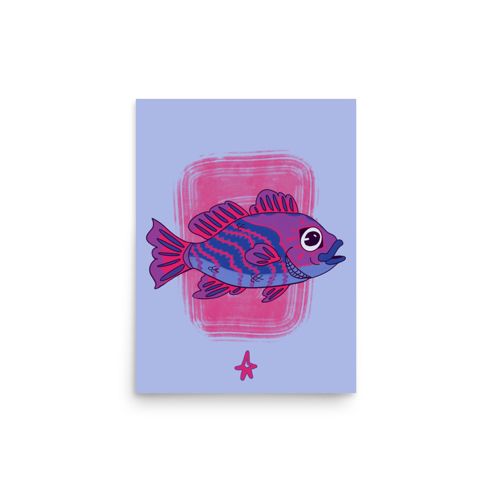 Framed artwork of a purple fish on a light wall above a wooden cabinet.