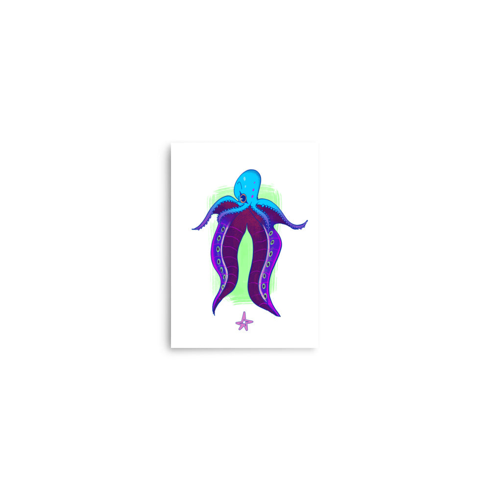 Framed artwork of a colorful octopus on a wall above a wooden cabinet.