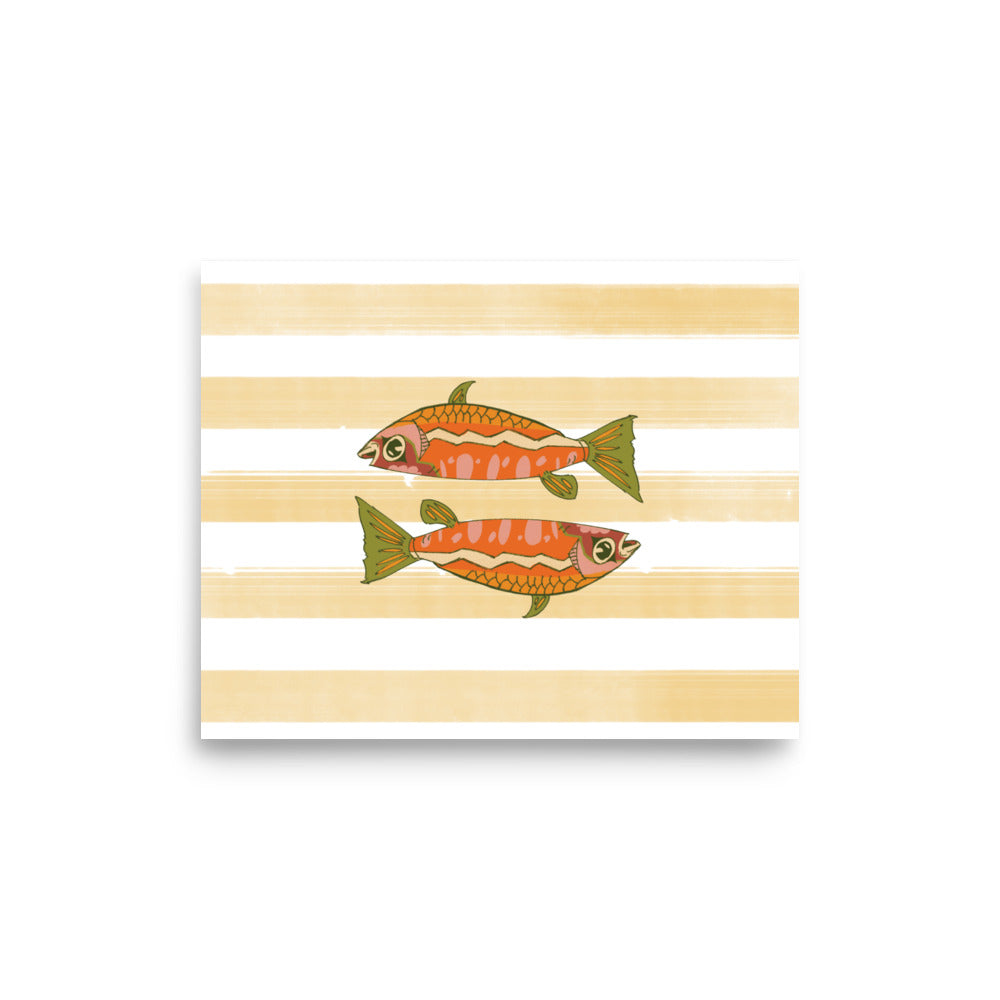 patterned fish poster design on a yellow striped background