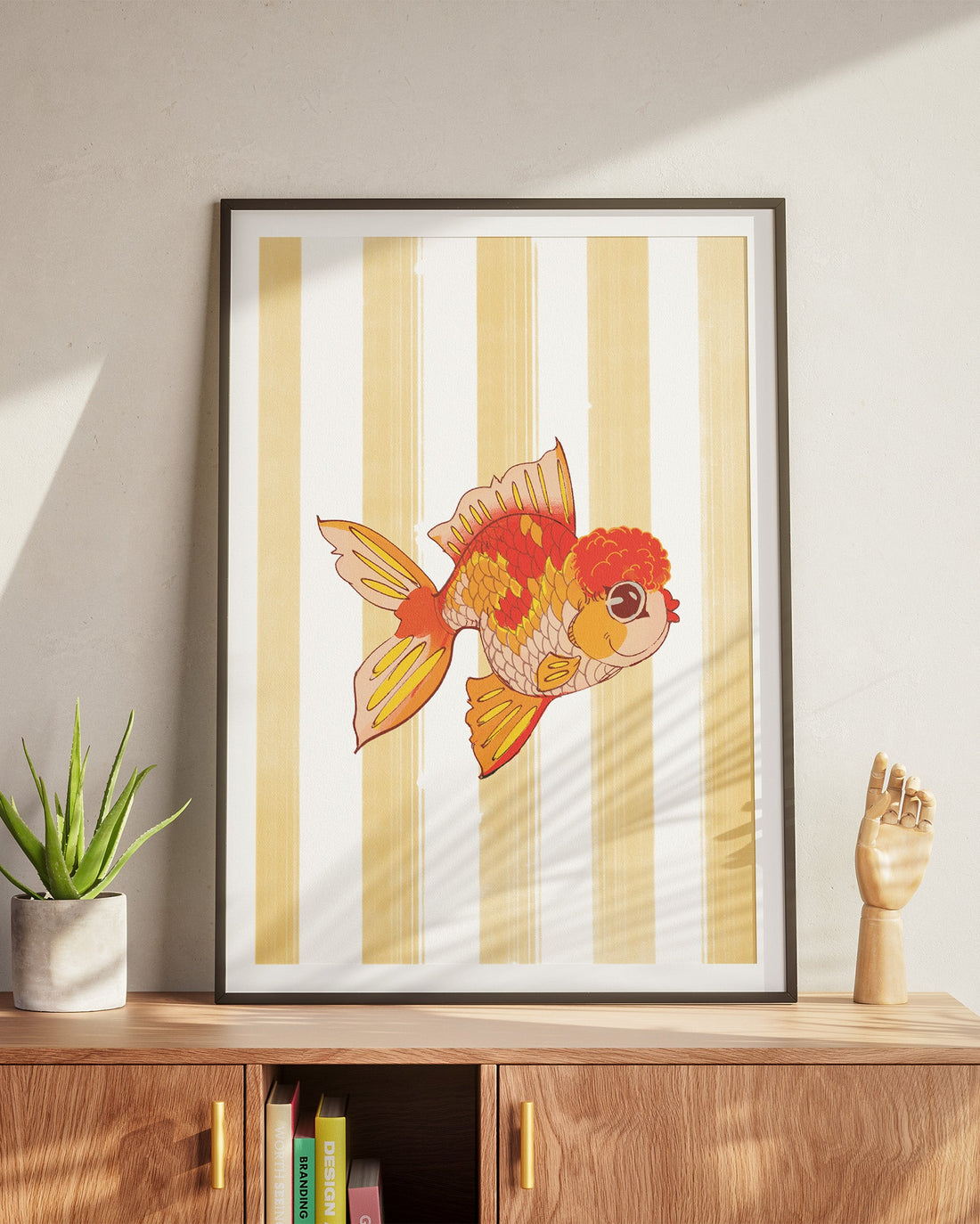 goldfish art on yellow striped poster