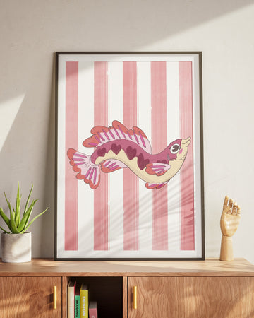 poster print of long pink fish with hearts on a striped background