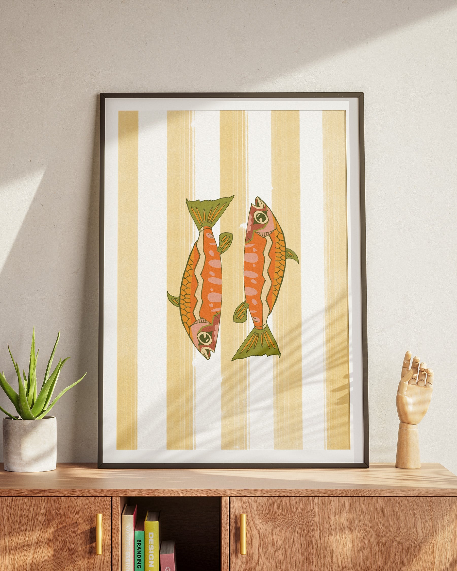 patterned fish poster design on a yellow striped background