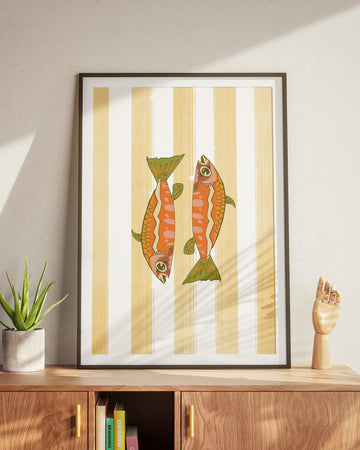 patterned fish poster design on a yellow striped background